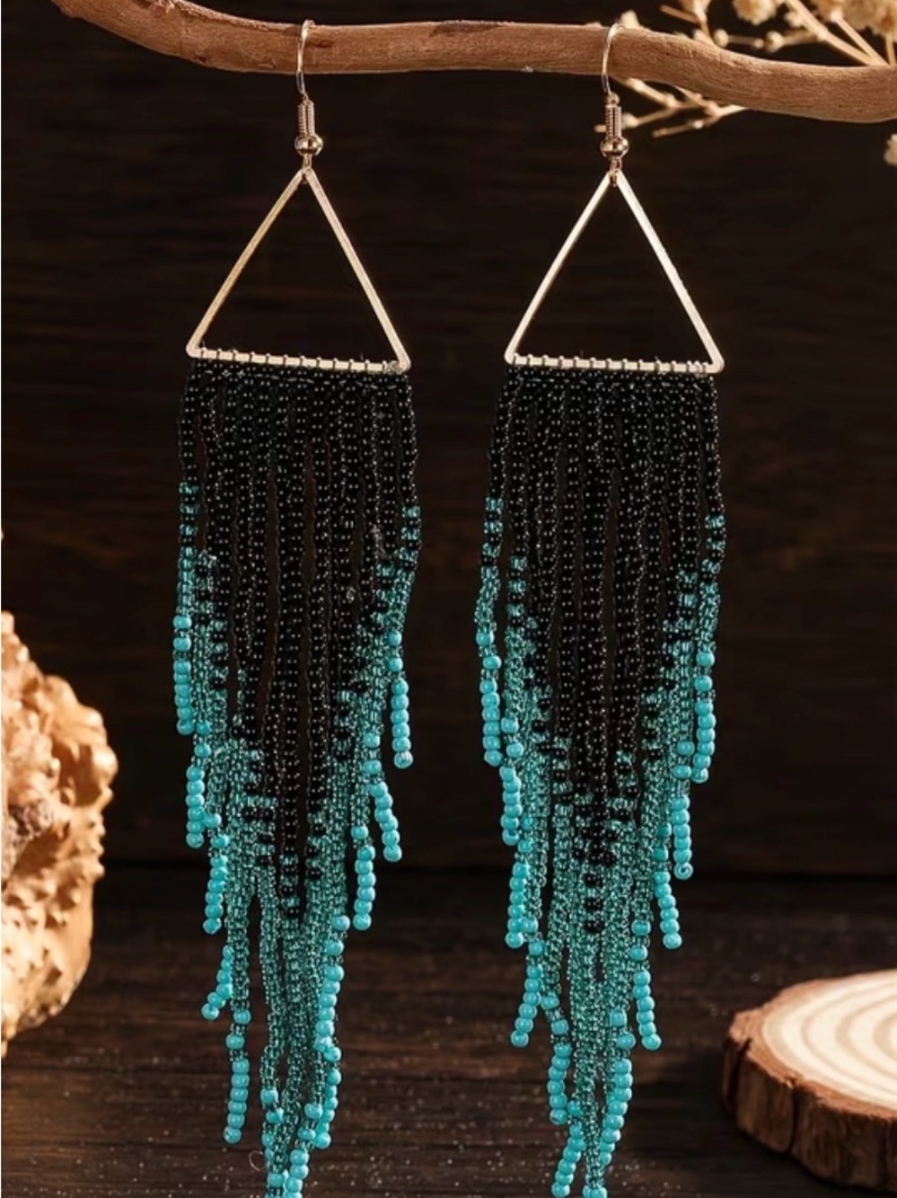 Boho Black and Turquoise Beaded Fringe Triangle Earrings